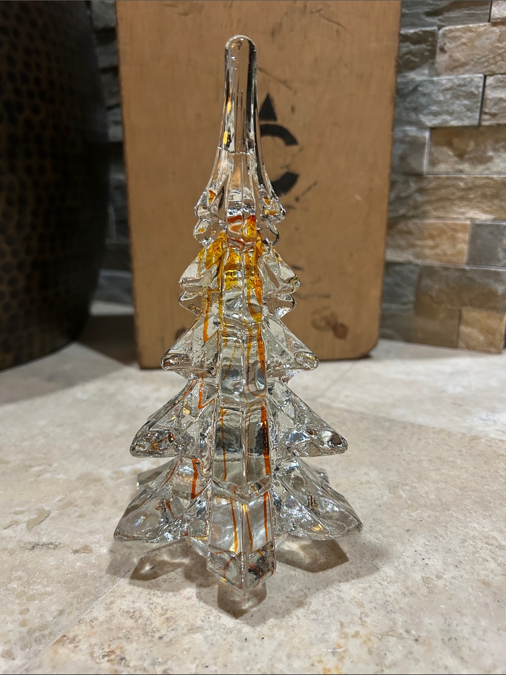 vintage clear art glass Christmas tree figurine with orange stripes - Picture 3 of 12